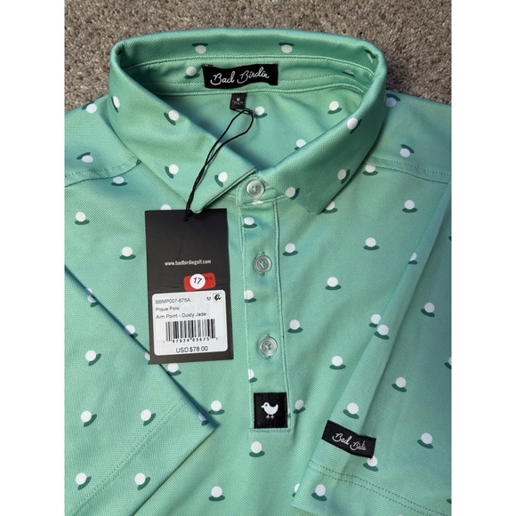 New Bad Birdie Mens M Pique Polo Aim Point Green Men's All Over Golf Ball Shirt - Picture 4 of 7